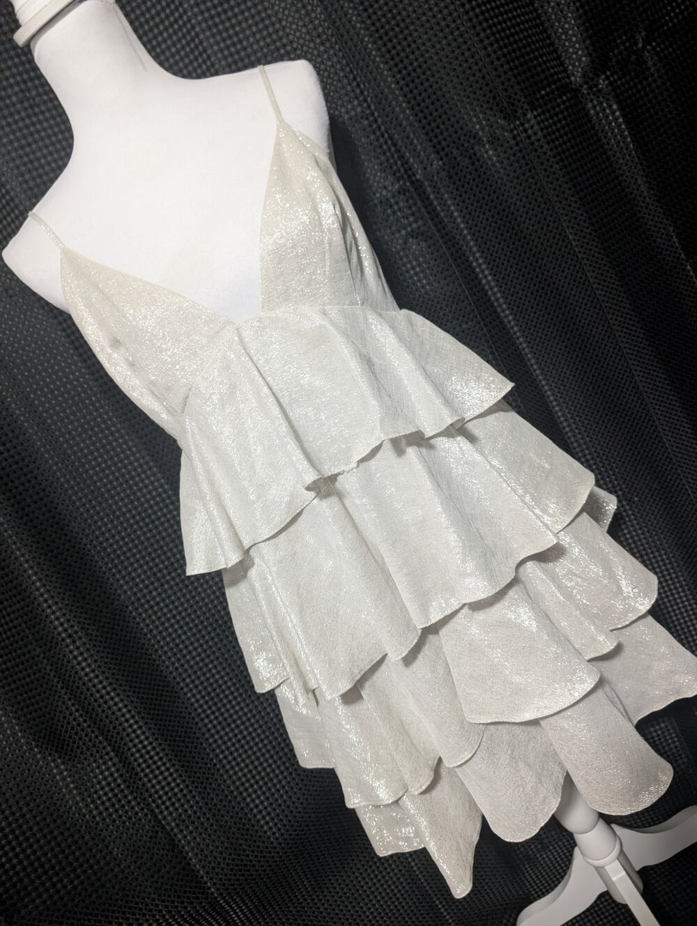 NWT@$60! ZARA! DAZZLING SILVER TIERED RUFFLES, SPAGHETTI STRAP DRESS! SZ L
